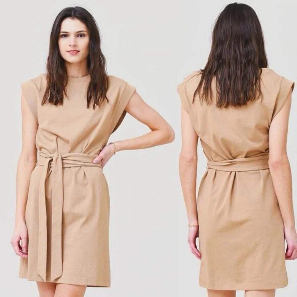 VINCE COTTON CAMEL TAN COLOR BELTED SHEATH DRESS SZ XS - Picture 6 of 9